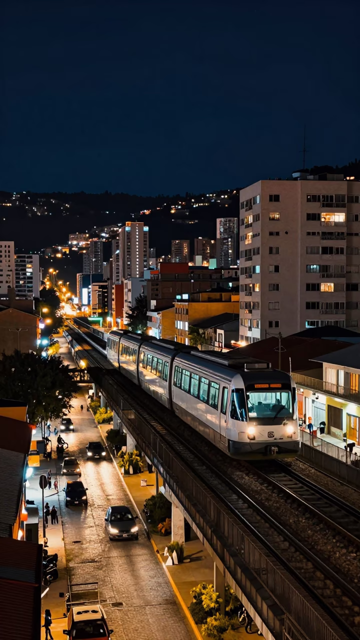 La Paz Bolivia Night Street Scene with Monorail Reflection and Urban Architecture in in La Paz, Bolivia