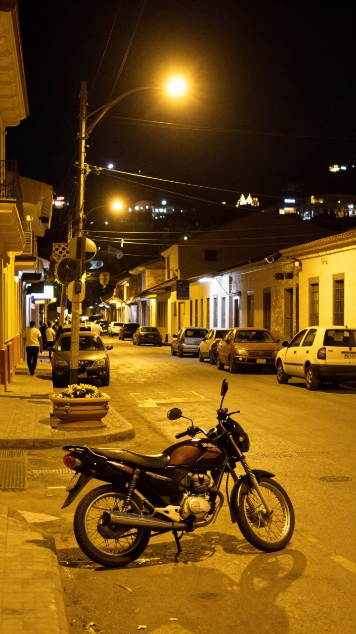 La Paz Bolivia Night Street Scene with Motorcycle and Flowerpot at Deep Night in in La Paz, Bolivia