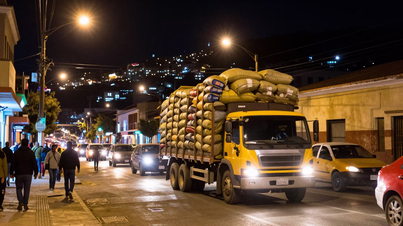 La Paz Bolivia Night Street Scene with Overloaded Truck and Urban Activity in in La Paz, Bolivia