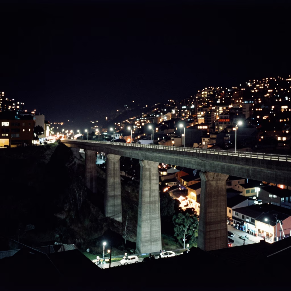 La Paz Bolivia Night Street Scene with Steaming Concrete Viaduct and City Lights in in La Paz, Bolivia