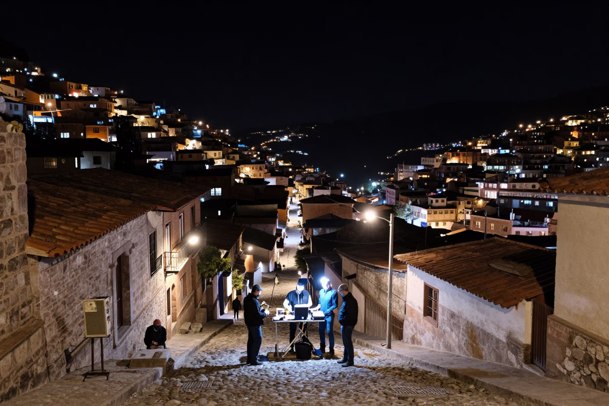 La Paz Bolivia Night Street Scene with Volcanology Team and Instruments in in La Paz, Bolivia