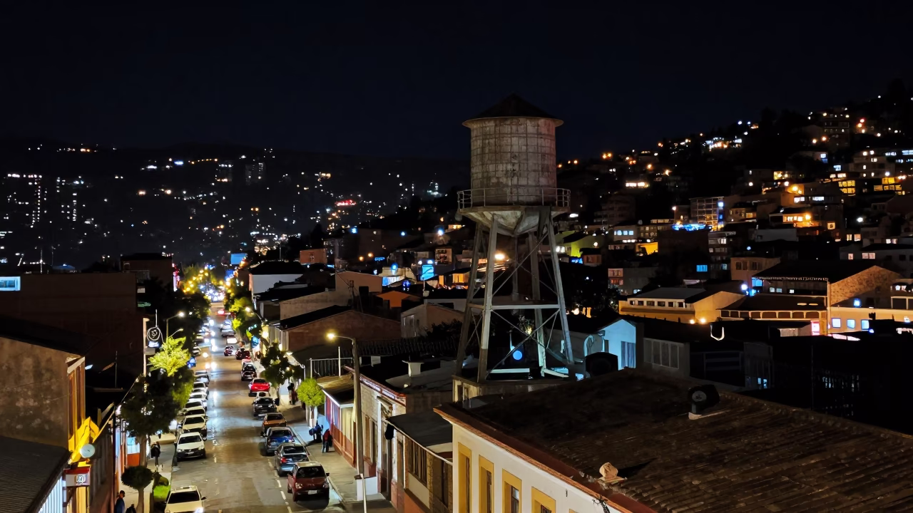La Paz Bolivia night street scene with water tower and exam desk in in La Paz, Bolivia