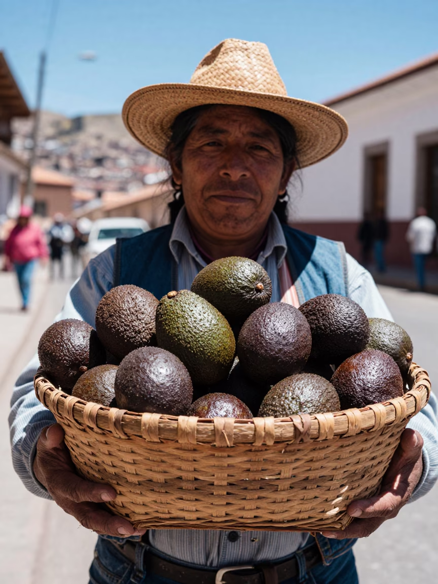 La Paz Bolivia noon light woven cane basket avocados street vendor in in La Paz, Bolivia