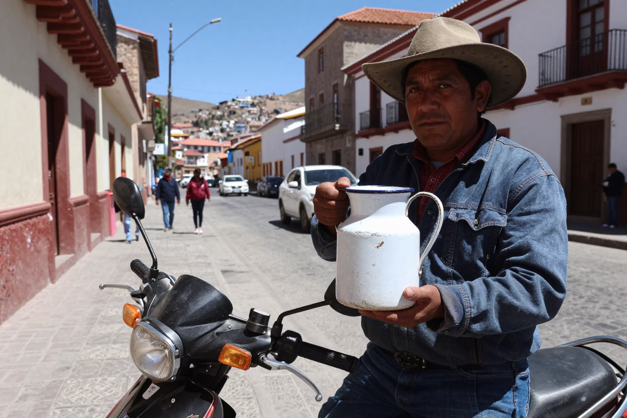 La Paz Bolivia Noon Street Scene with Enamel Pitcher and Urban Landscape in in La Paz, Bolivia