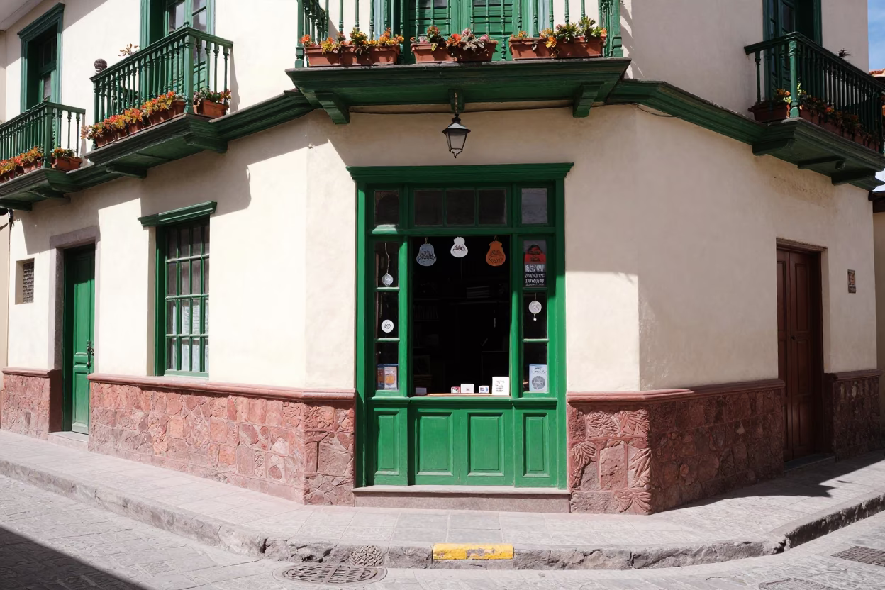 La Paz Bolivia Noon Street Scene with Window Boxes and Local Life in in La Paz, Bolivia