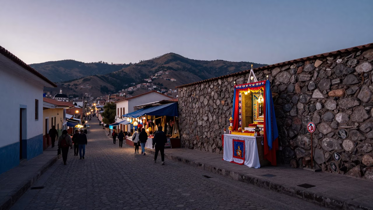 La Paz Bolivia Pre-Dawn Street Scene with Altar and Traditional Market Elements in in La Paz, Bolivia