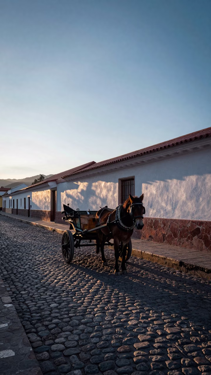 La Paz Bolivia Pre-Dawn Street Scene With Horse Cart And Cobblestones in in La Paz, Bolivia