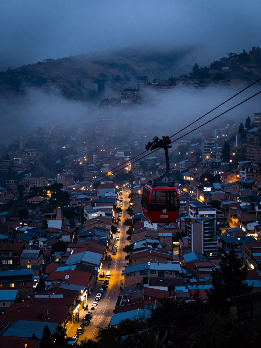 La Paz Bolivia predawn aerial tramway fog mountain valley street scene in in La Paz, Bolivia