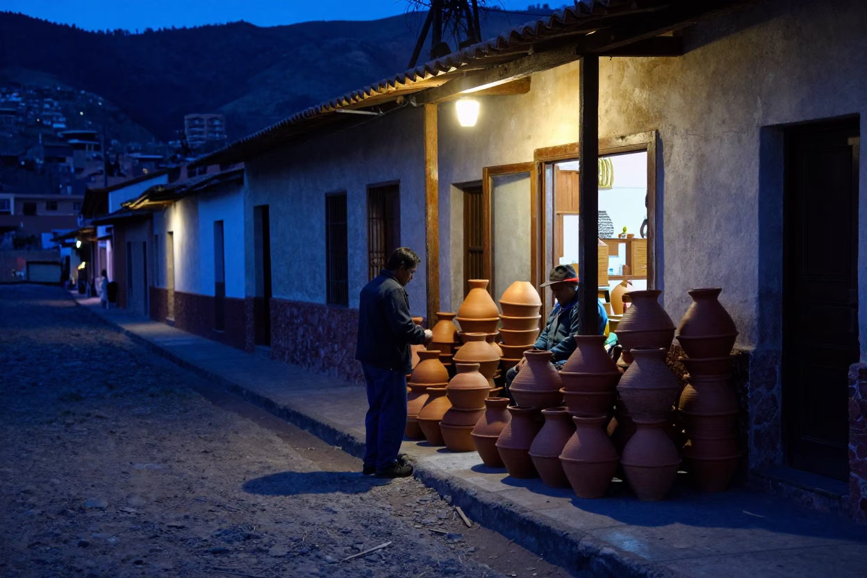 La Paz Bolivia Predawn Street Scene with Clay Pots and Warm Light in in La Paz, Bolivia