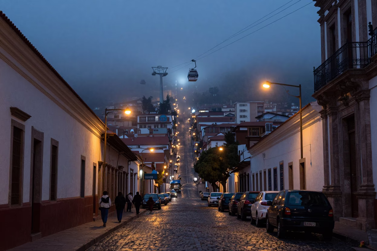 La Paz Bolivia Predawn Street Scene with Gondola Lift and Heritage Tram in in La Paz, Bolivia