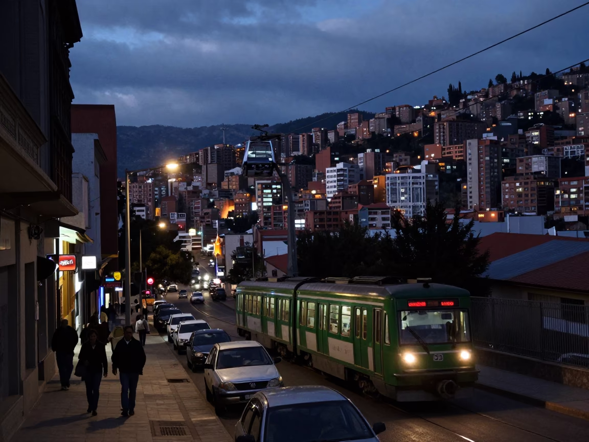 La Paz Bolivia Predawn Street Scene With Metro Train And City Lights in in La Paz, Bolivia