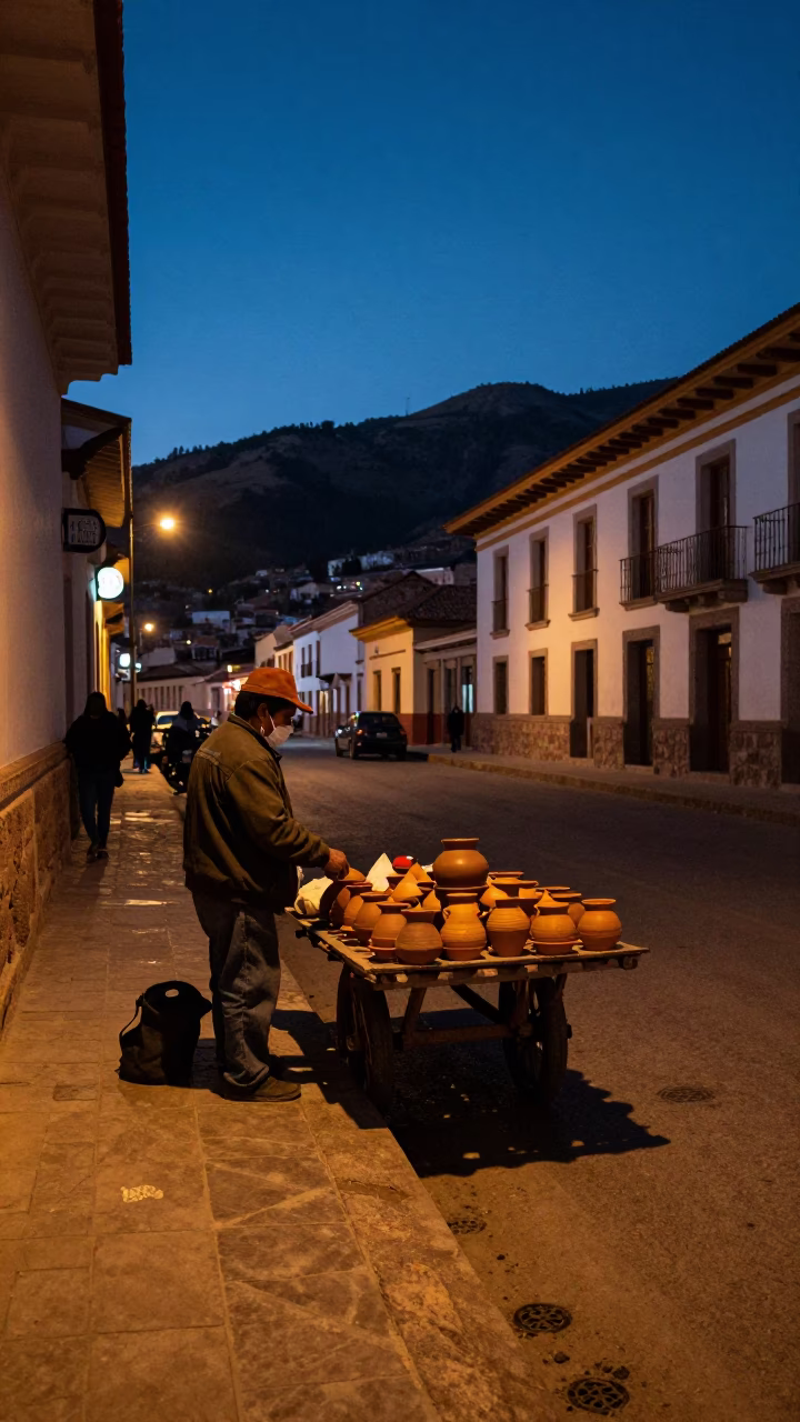 La Paz Bolivia Predawn Street Scene with Street Vendor and Local Traffic in in La Paz, Bolivia