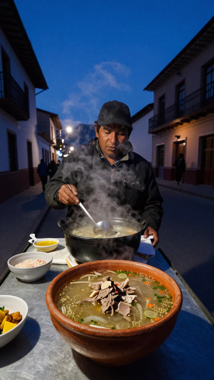 La Paz Bolivia Predawn Street Scene with Traditional Food and Local Commerce in in La Paz, Bolivia