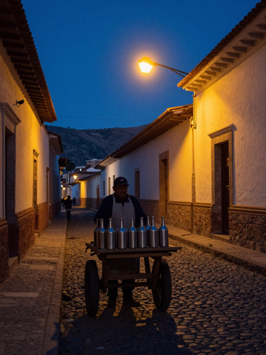 La Paz Bolivia predawn street scene with vendor and steel bottle neck in in La Paz, Bolivia
