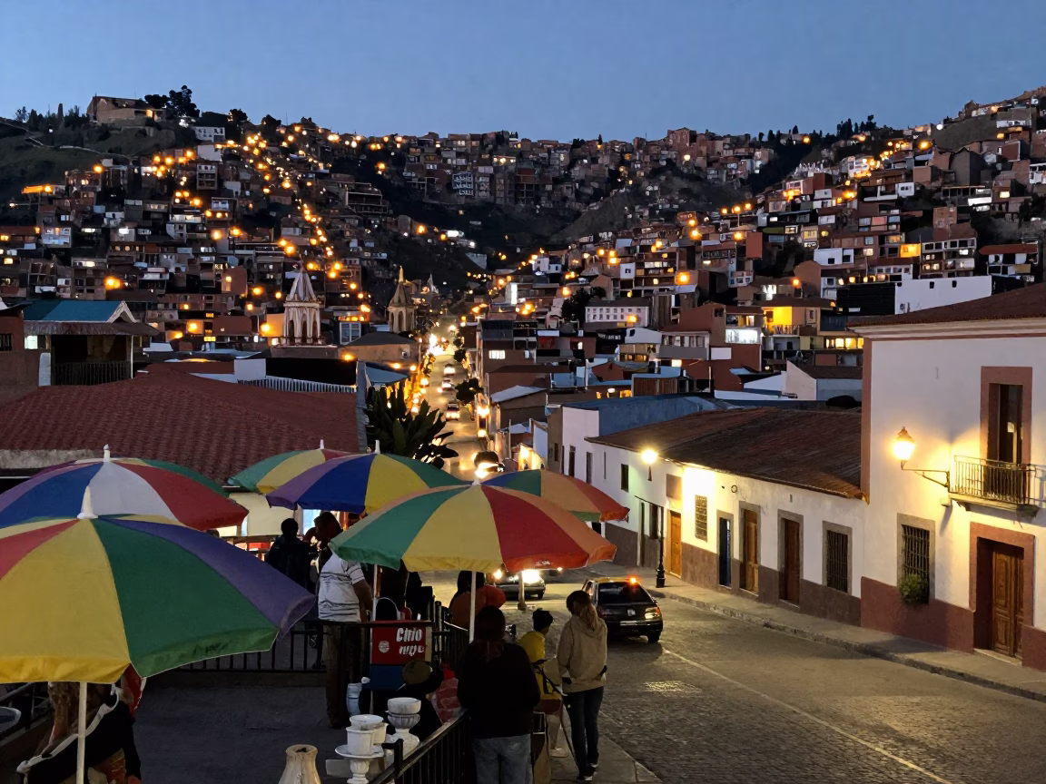 La Paz Bolivia Street Scene at Dusk with Colorful Umbrellas and City Lights in in La Paz, Bolivia