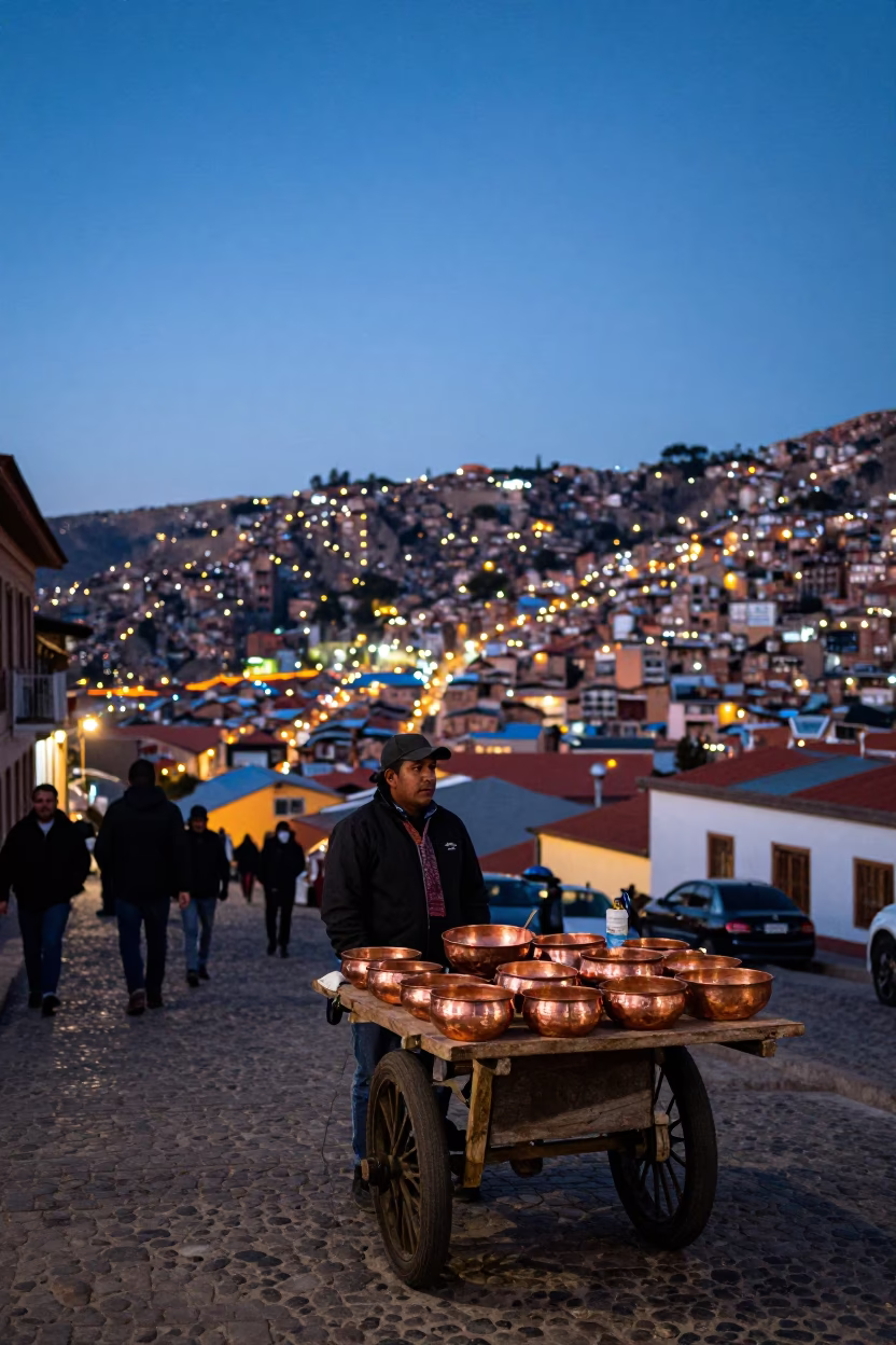 La Paz Bolivia street scene at dusk with copper bowls and wall hooks in in La Paz, Bolivia
