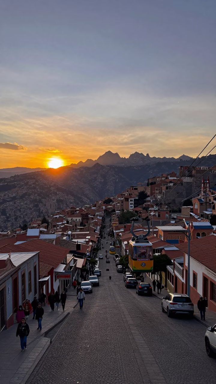 La Paz Bolivia Street Scene at Sunset with Cable Cars and Local Commerce in in La Paz, Bolivia