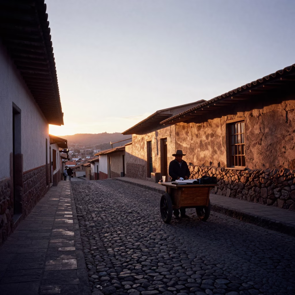La Paz Bolivia street scene at sunset with glass tumbler and harmonica in in La Paz, Bolivia