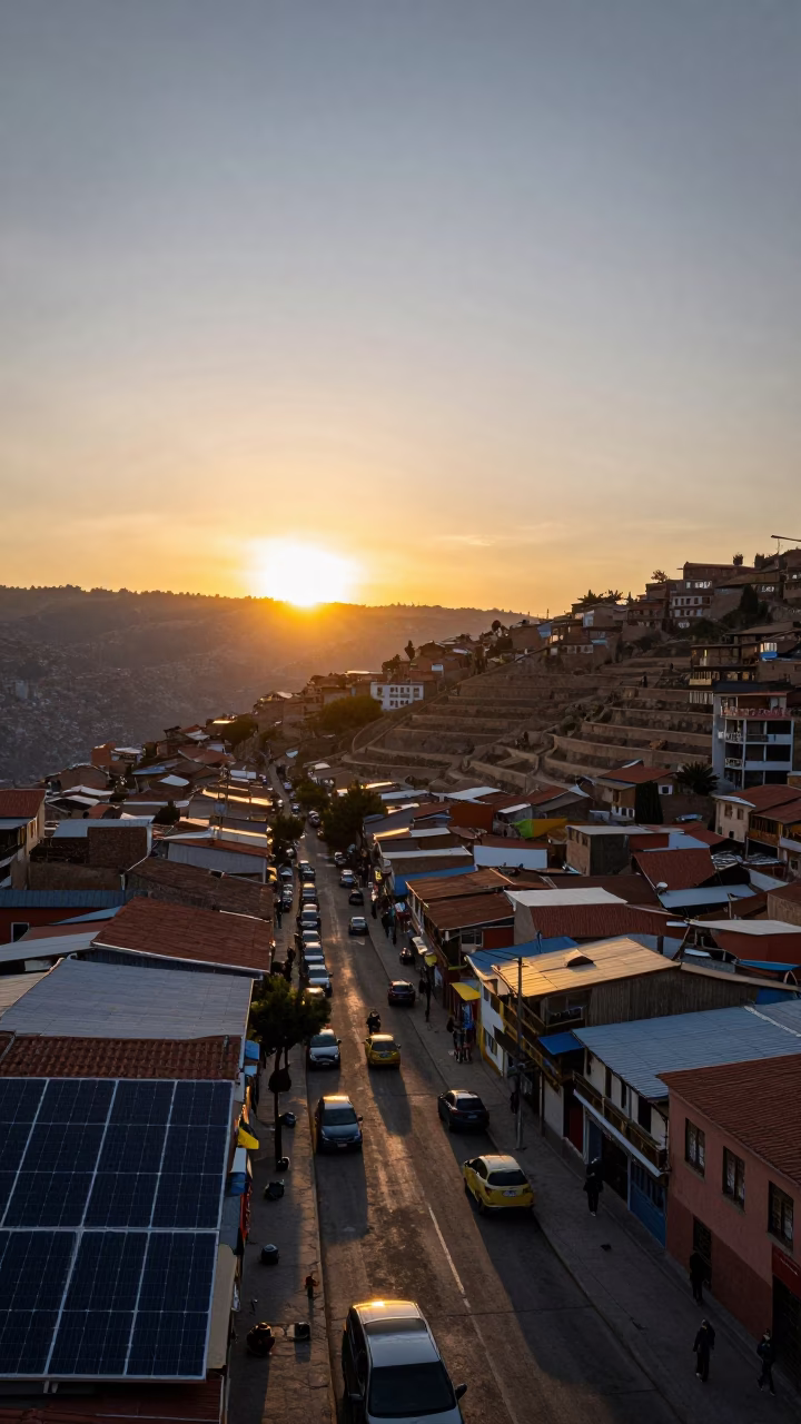 La Paz Bolivia Street Scene at Sunset with Solar Arrays and Local Commerce in in La Paz, Bolivia