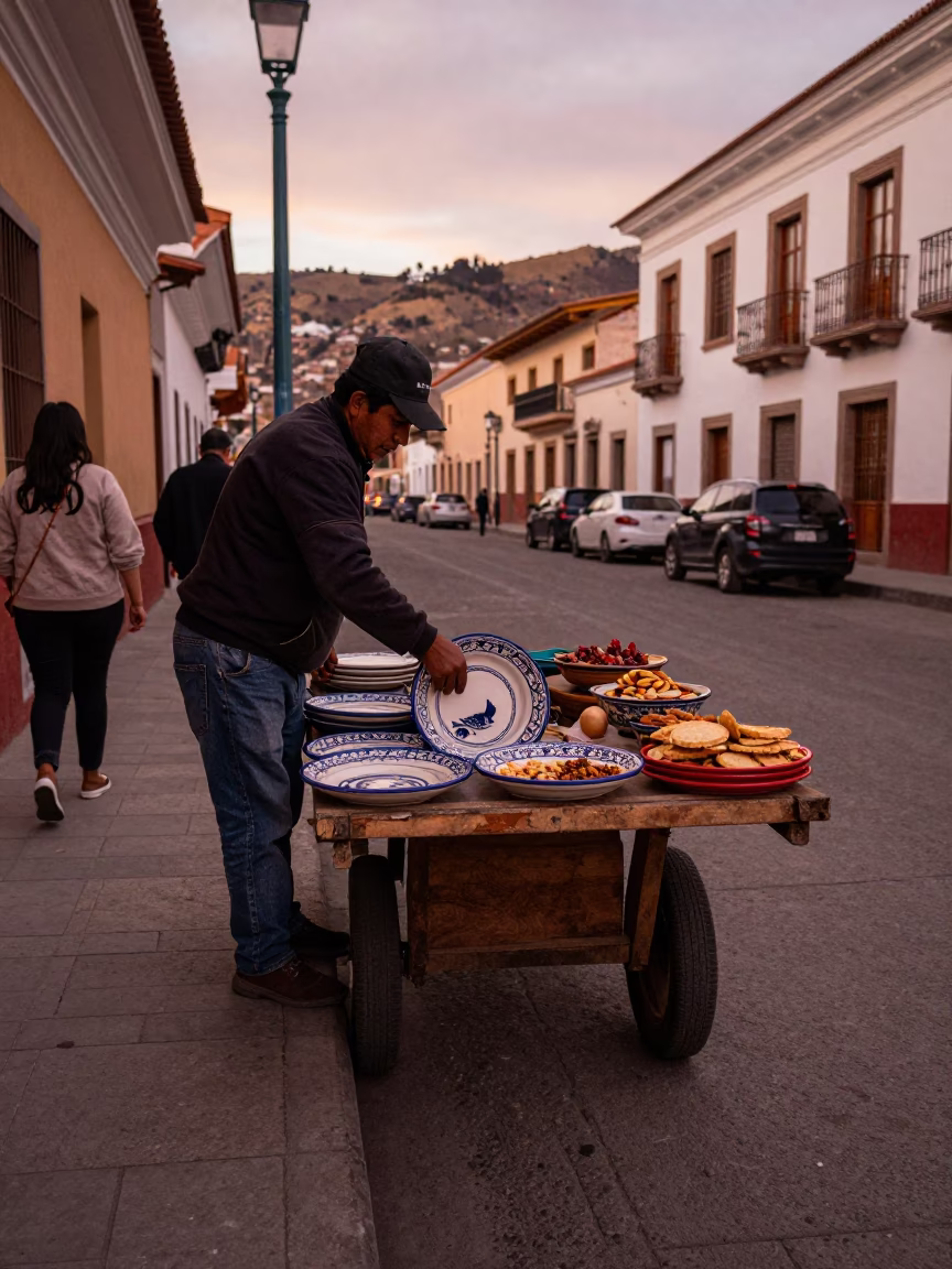 La Paz Bolivia street scene before dusk with ceramic plate and basket in in La Paz, Bolivia