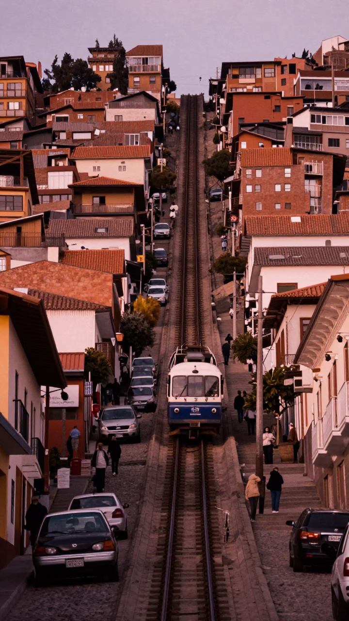 La Paz Bolivia Street Scene Before Dusk With Mountain Cog Railway Ascent in in La Paz, Bolivia