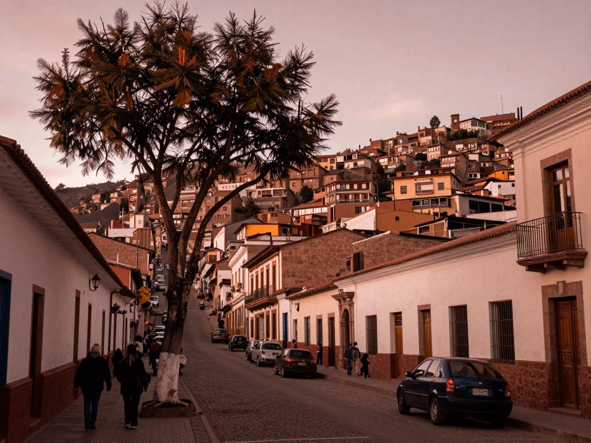 La Paz Bolivia Street Scene Before Dusk with Tamarind Tree and Local Life in in La Paz, Bolivia