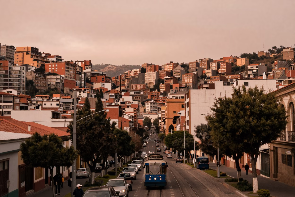 La Paz Bolivia Street Scene Before Dusk With Tramcar And Urban Life in in La Paz, Bolivia