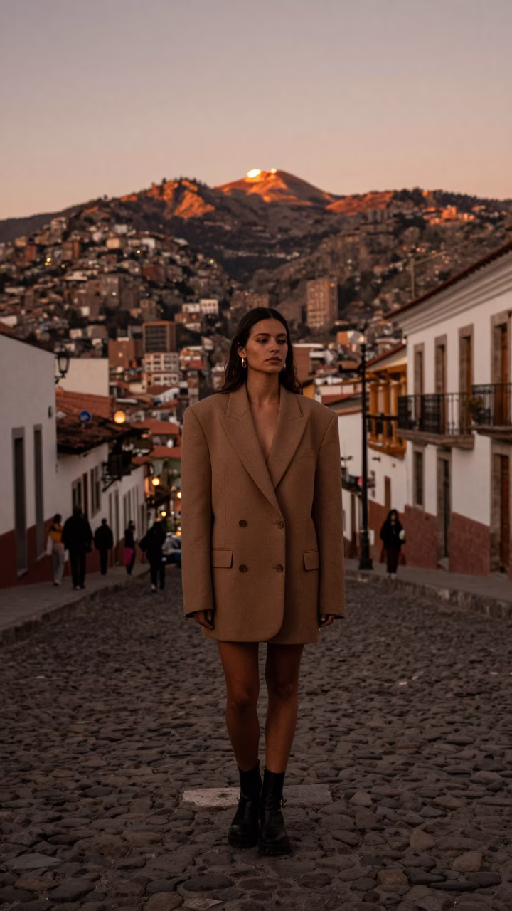 La Paz Bolivia Street Scene Copper Dusk Light High Fashion 1980s Aesthetic in in La Paz, Bolivia