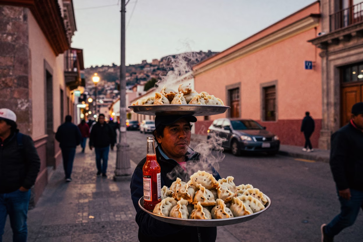 La Paz Bolivia Street Scene Copper Dusk Light Momos and Bottle in in La Paz, Bolivia