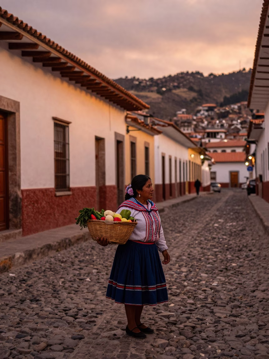La Paz Bolivia Street Scene Copper Dusk Light with Basket and Door Mats in in La Paz, Bolivia