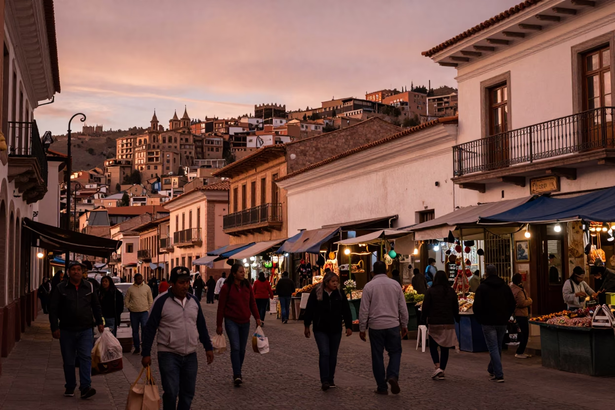 La Paz Bolivia Street Scene Copper Toned Light Before Dusk Local Vendor Mangoes in in La Paz, Bolivia