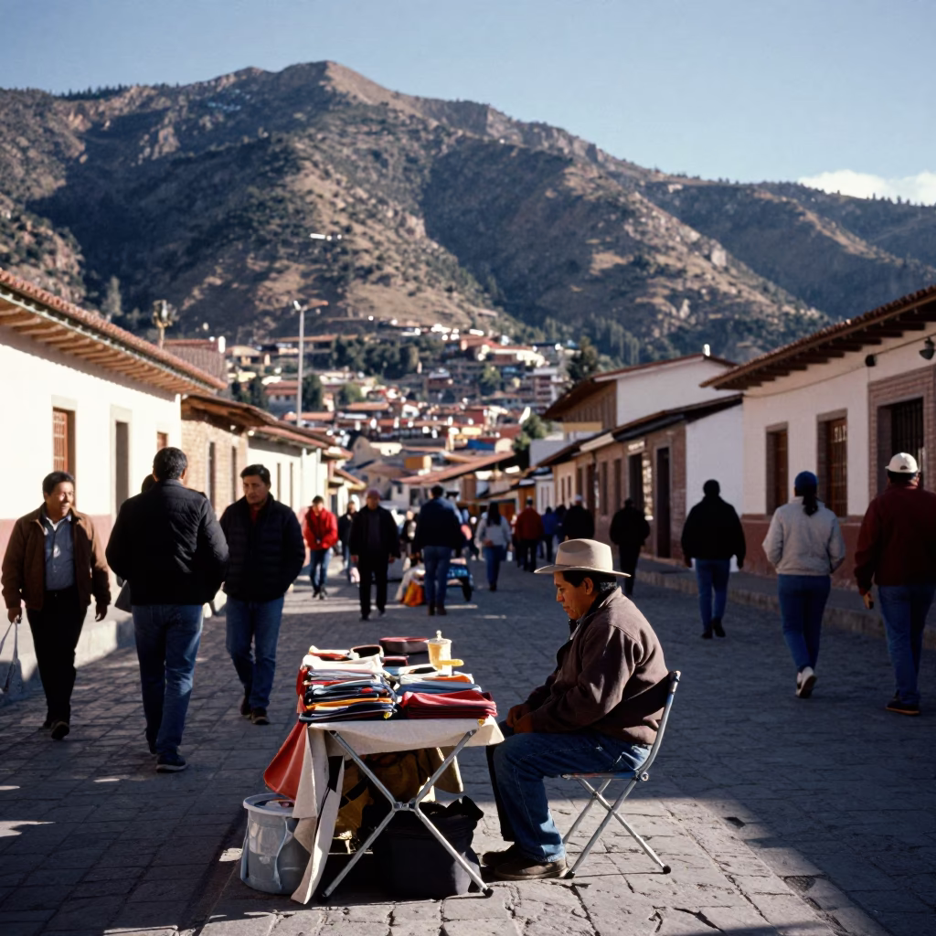 La Paz Bolivia Street Scene Early Afternoon Market Vendor with Folding Chair in in La Paz, Bolivia