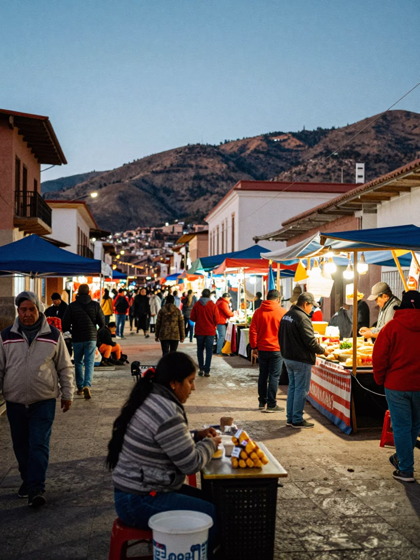 La Paz Bolivia Street Scene Evening Market Elote Street Food and Local Commerce in in La Paz, Bolivia