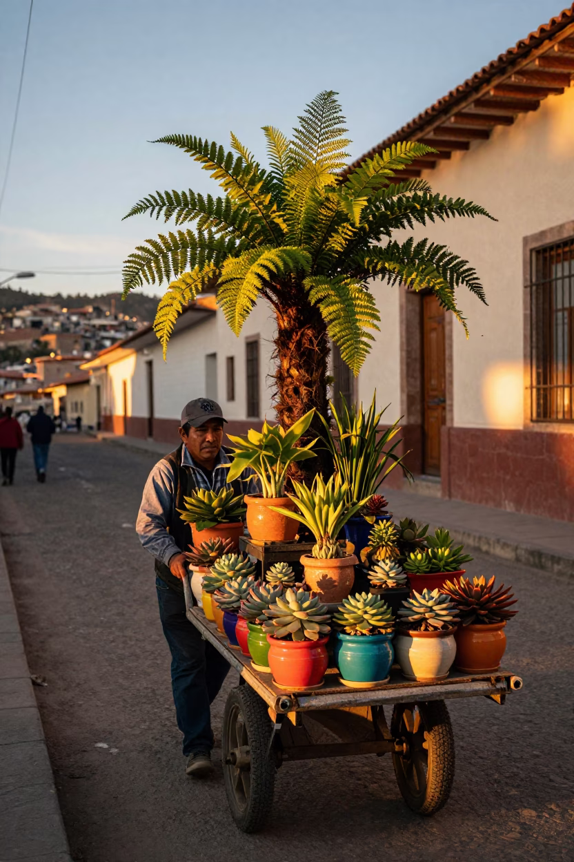 La Paz Bolivia Street Scene Honeyed Evening Light with Houseplants and Clear Glass Latch in in La Paz, Bolivia