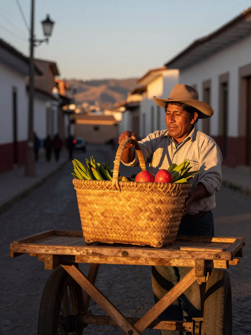 La Paz Bolivia Street Scene Honeyed Evening Light Woven Cane Basket and Condensation Pitcher in in La Paz, Bolivia