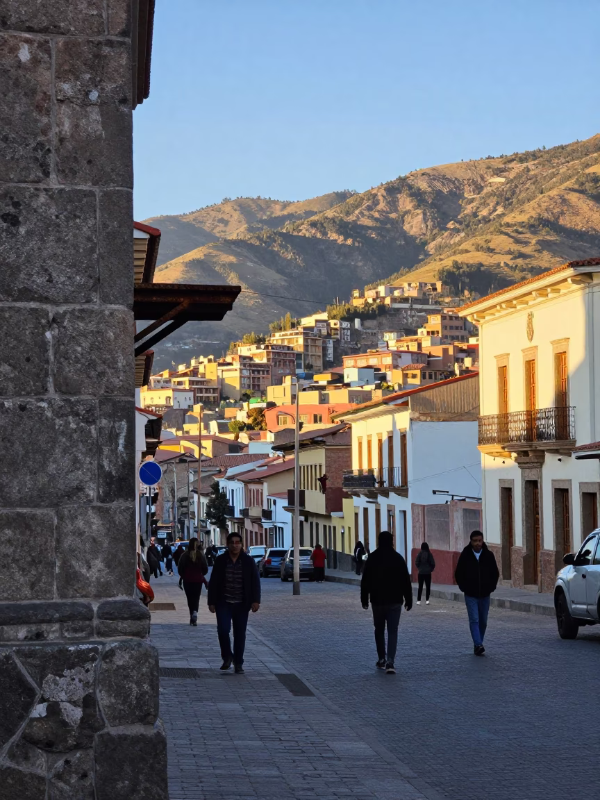 La Paz Bolivia Street Scene Late Afternoon Light with Local Life and Urban Architecture in in La Paz, Bolivia