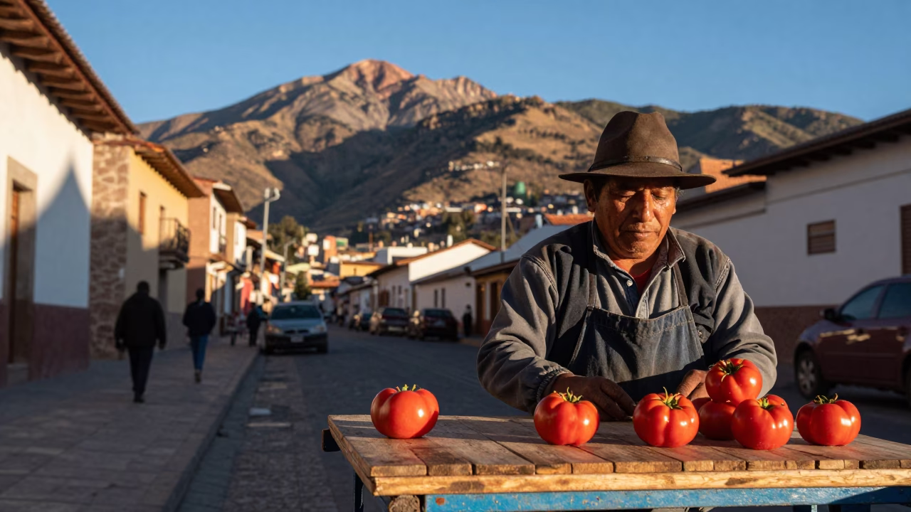 La Paz Bolivia Street Scene Late Afternoon Light with Tomatoes and Kettle Lid in in La Paz, Bolivia