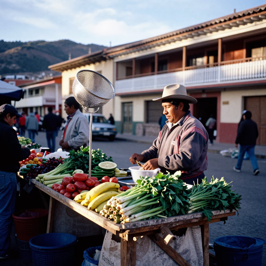 La Paz Bolivia street scene late morning with mesh colander and local commerce in in La Paz, Bolivia