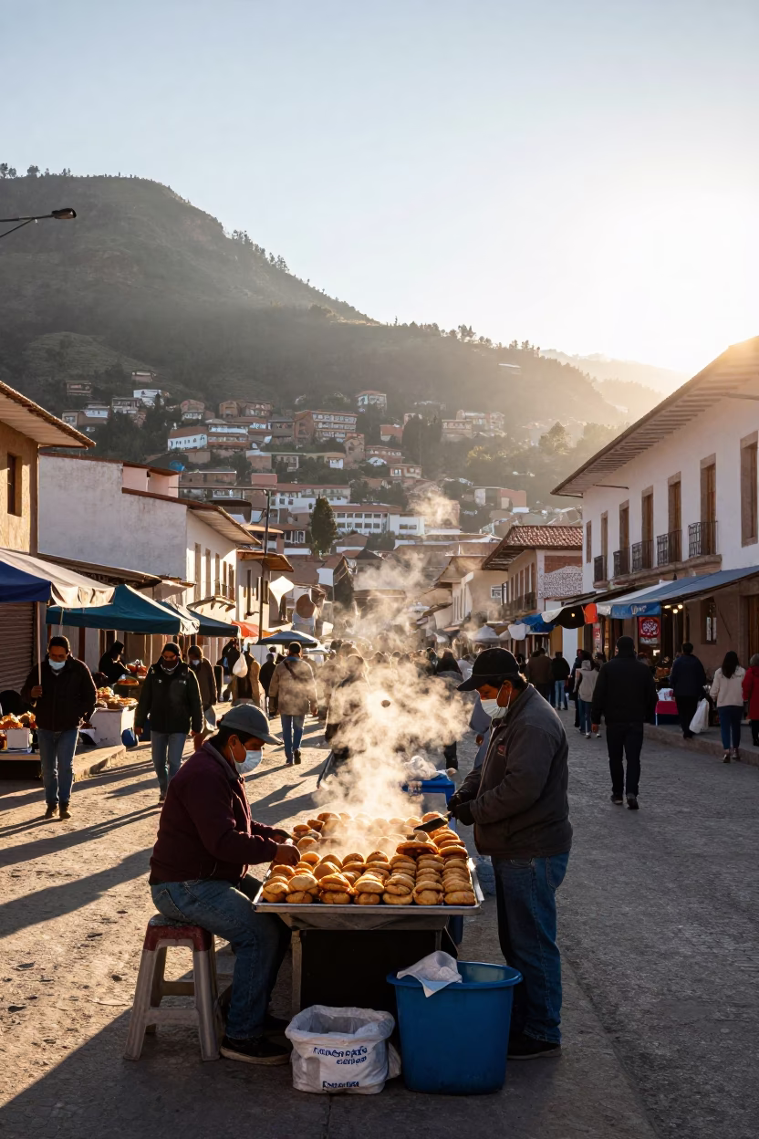 La Paz Bolivia Street Scene Morning Light and Local Market Activity in in La Paz, Bolivia