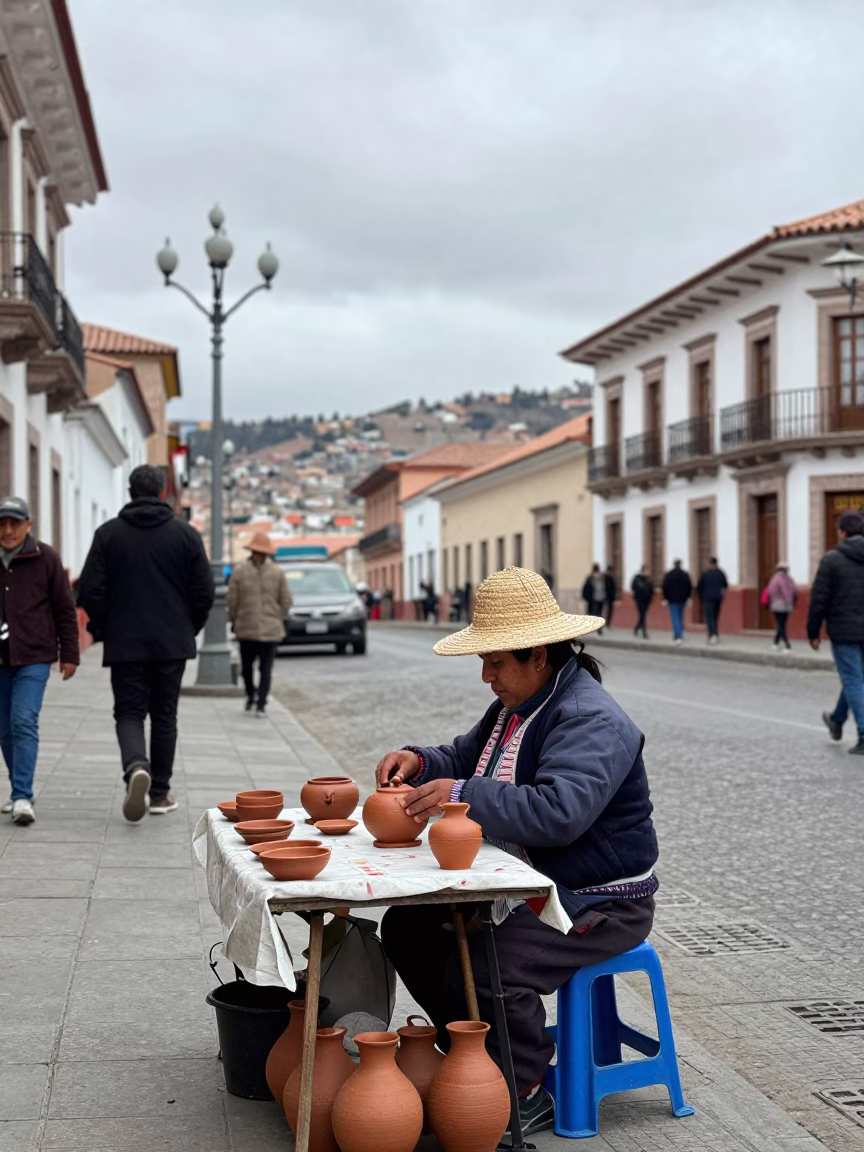 La Paz Bolivia Street Scene Overcast Midday Tea Seller with Clay Pots in in La Paz, Bolivia