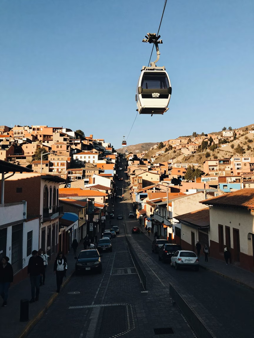 La Paz Bolivia Street Scene with Gondola Aerial Tramway and Local Market Activity in in La Paz, Bolivia