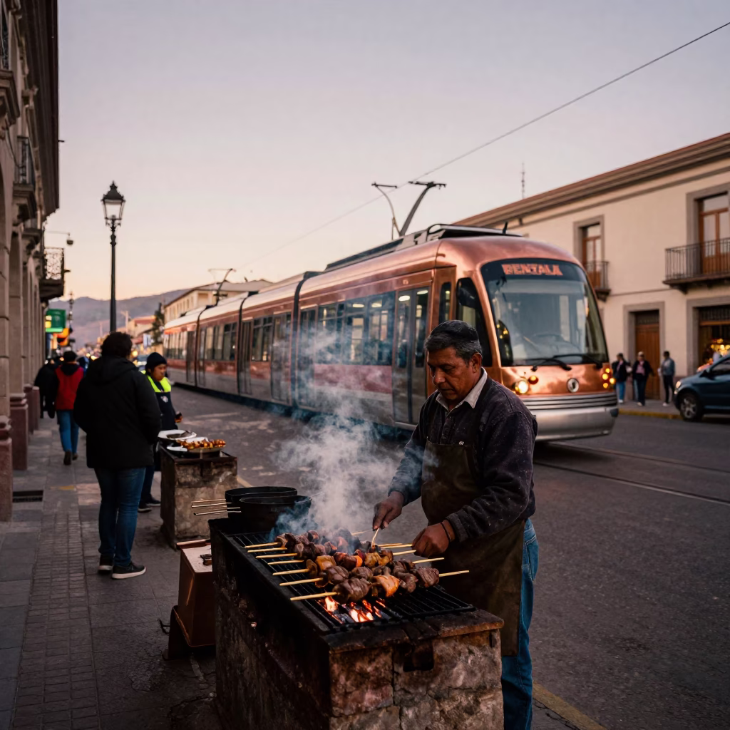 La Paz Bolivia Street Scene with Monorail and Anticuchos in Copper Dusk Light in in La Paz, Bolivia