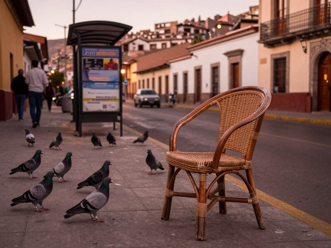 La Paz Bolivia Street Scene with Pigeons and Rattan Chair in Copper Dusk Light in in La Paz, Bolivia