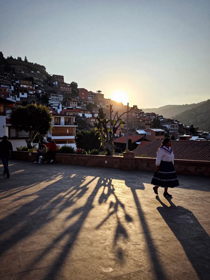 La Paz Bolivia street scene with shadow patterns on tile during sunset in in La Paz, Bolivia