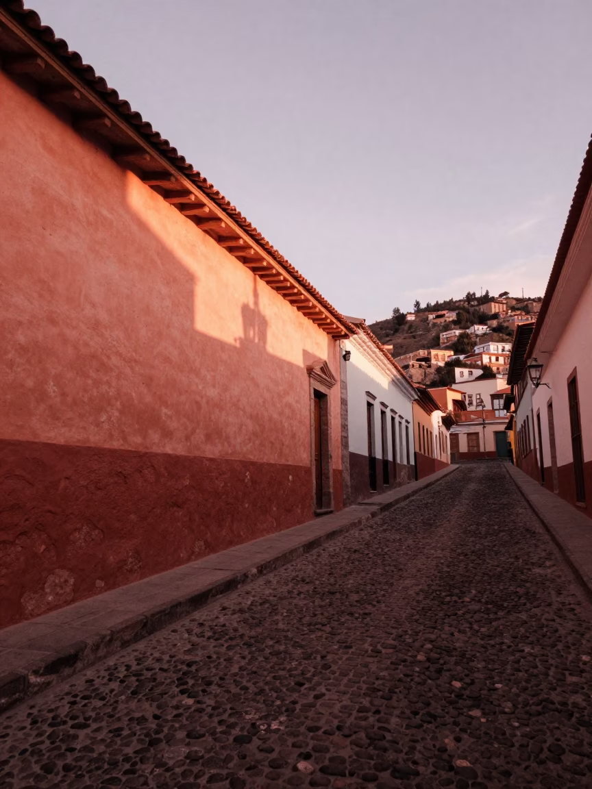 La Paz Bolivia Street Scene with Sun Stripe on Wall Before Dusk in in La Paz, Bolivia