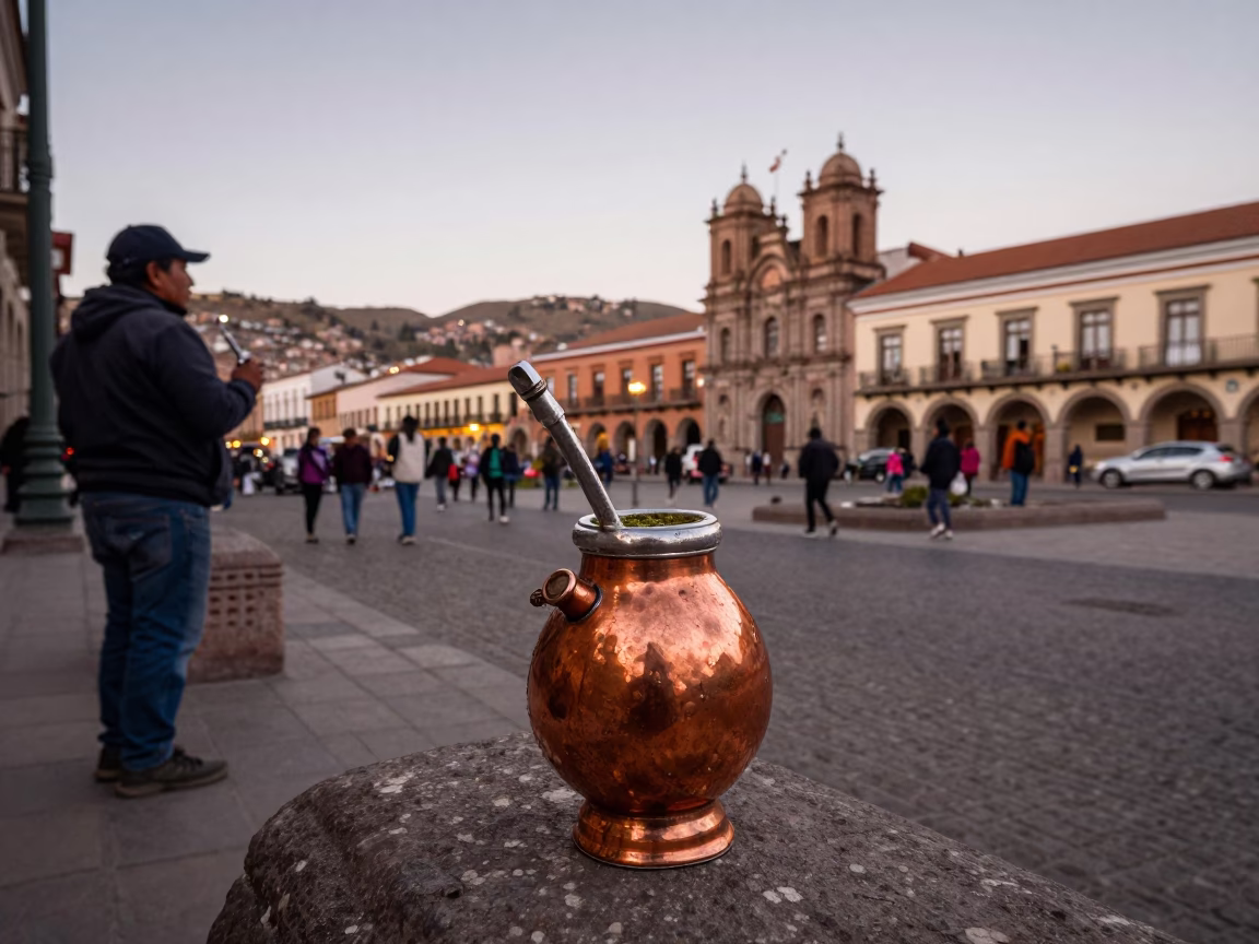 La Paz Bolivia Street Scene with Traditional Mate Gourd in Copper Dusk Light in in La Paz, Bolivia