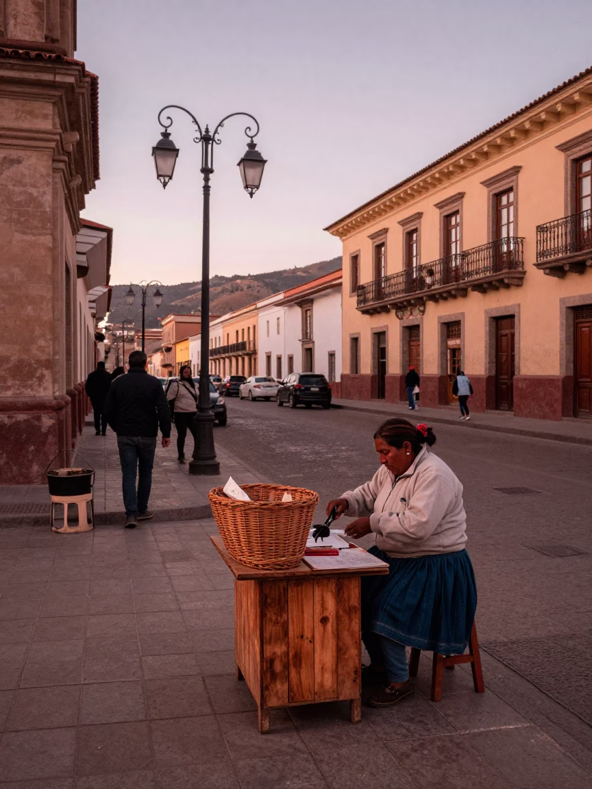 La Paz Bolivia Street Scene with Wicker Basket and Tailor Shears in Copper Light in in La Paz, Bolivia