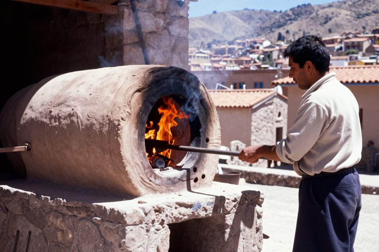 La Paz Bolivia Street Vendor Cooking Tandoor Oven in Bright Midmorning Light in in La Paz, Bolivia