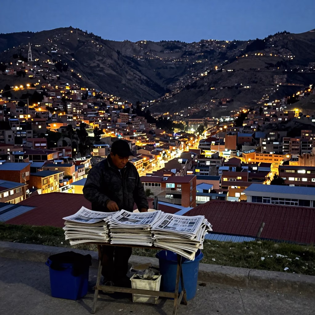 La Paz Bolivia street vendor evening scene with newspaper stack and brass bucket in in La Paz, Bolivia