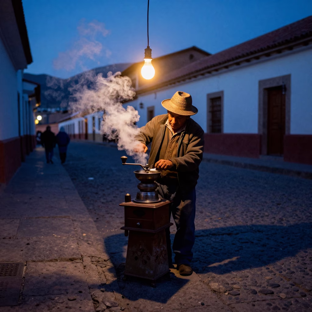 La Paz Bolivia street vendor predawn coffee grinder steam in in La Paz, Bolivia
